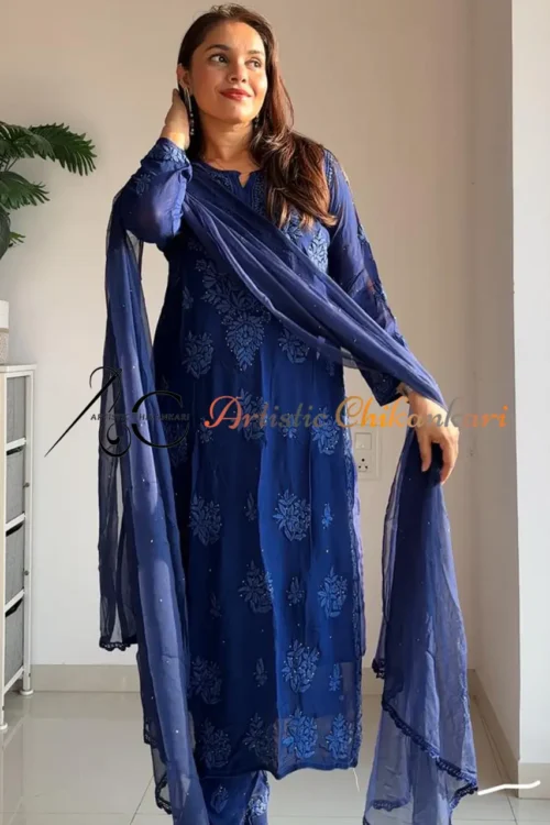 Royal Blue Viscose 3D Ghas Pati Set