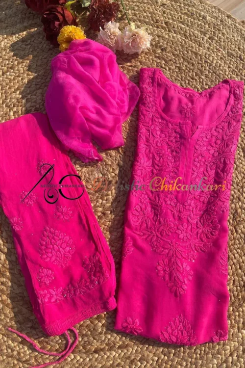Magenta Viscose 3D Ghas Pati Set