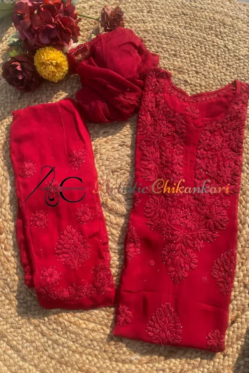 Red Viscose 3D Ghas Pati Set