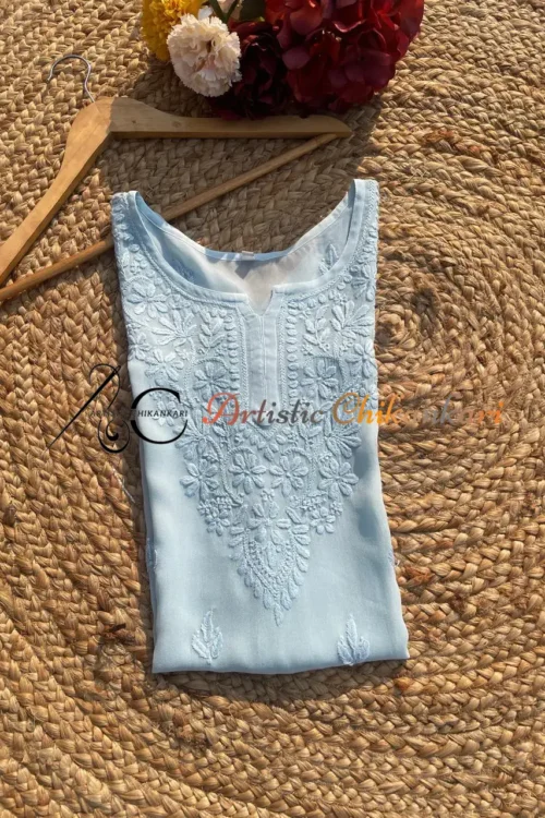 Sky Blue Viscose Ghas Pati Short Top