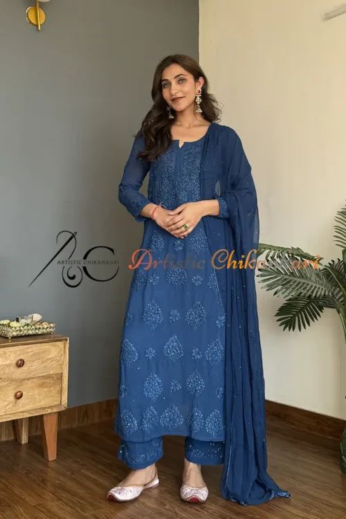Navy Blue Viscose 3D Ghas Pati Set