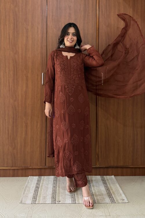 Brown Viscose 3D Ghas Patti Set