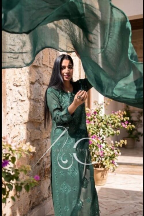 Bottle green Viscose 3D Ghaas Patti Set