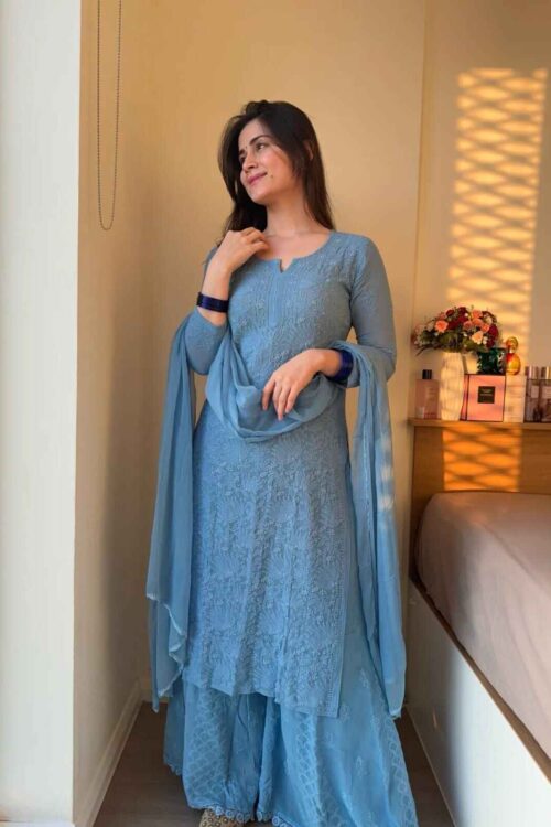 Powder Blue Viscose Jaal Set