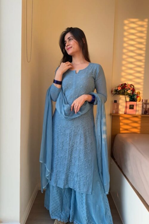 Powder Blue Viscose Jaal Set